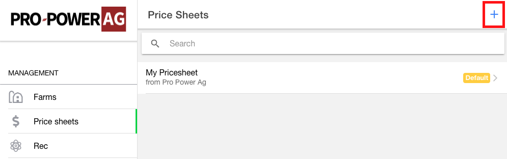 The new price sheet button is located in the top right of the page