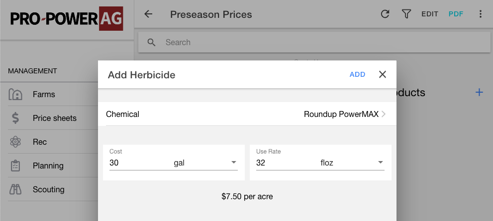 Complete the price per unit and use rate to calculate a price per acre