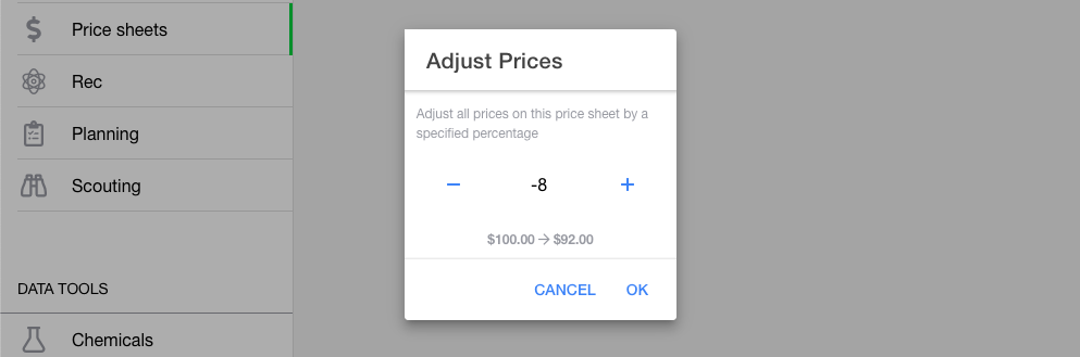 Screenshot showing the bulk adjustment tool applying an 8% discount to all prices
