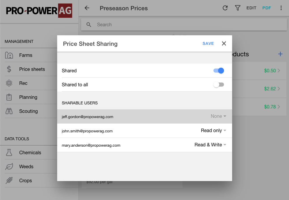 Screenshot showing a price sheet sharing configuration to different users