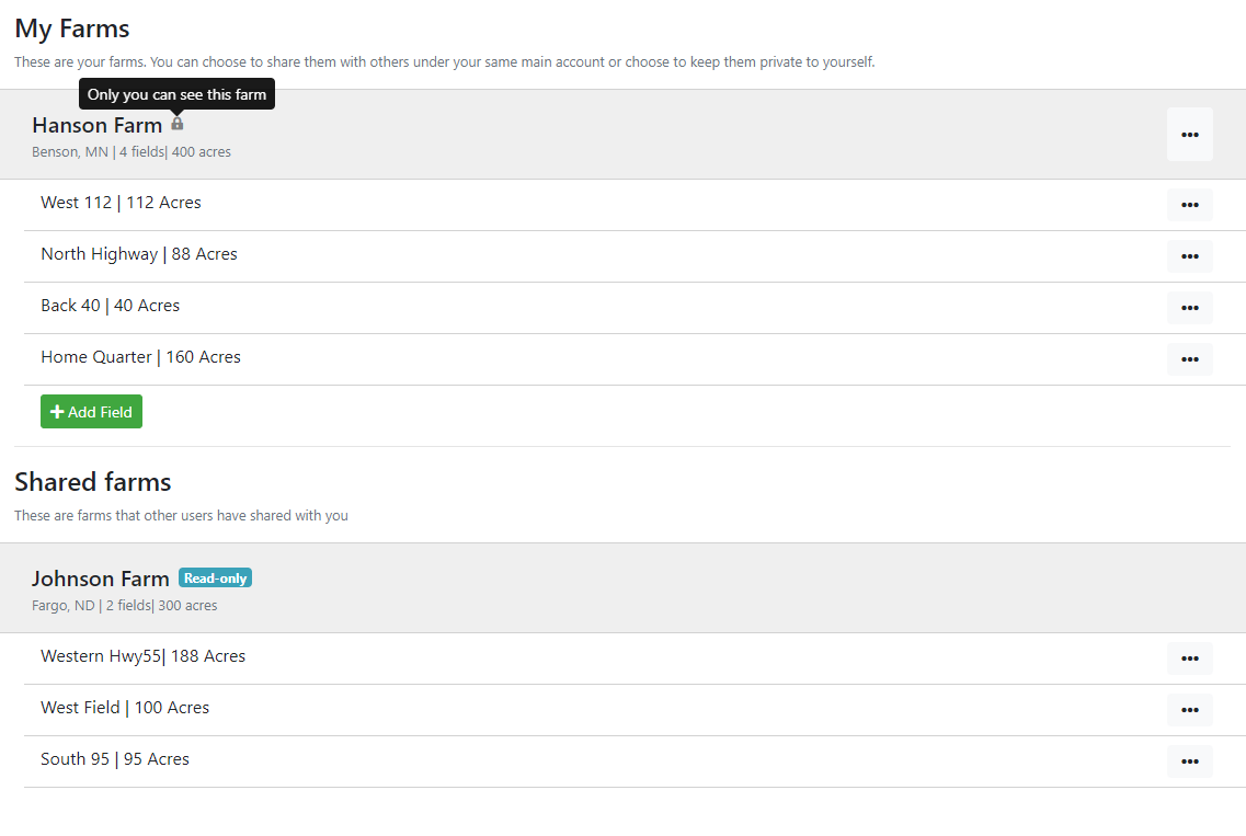 Screenshot showing farm sharing with a private farm and shared farm from other users